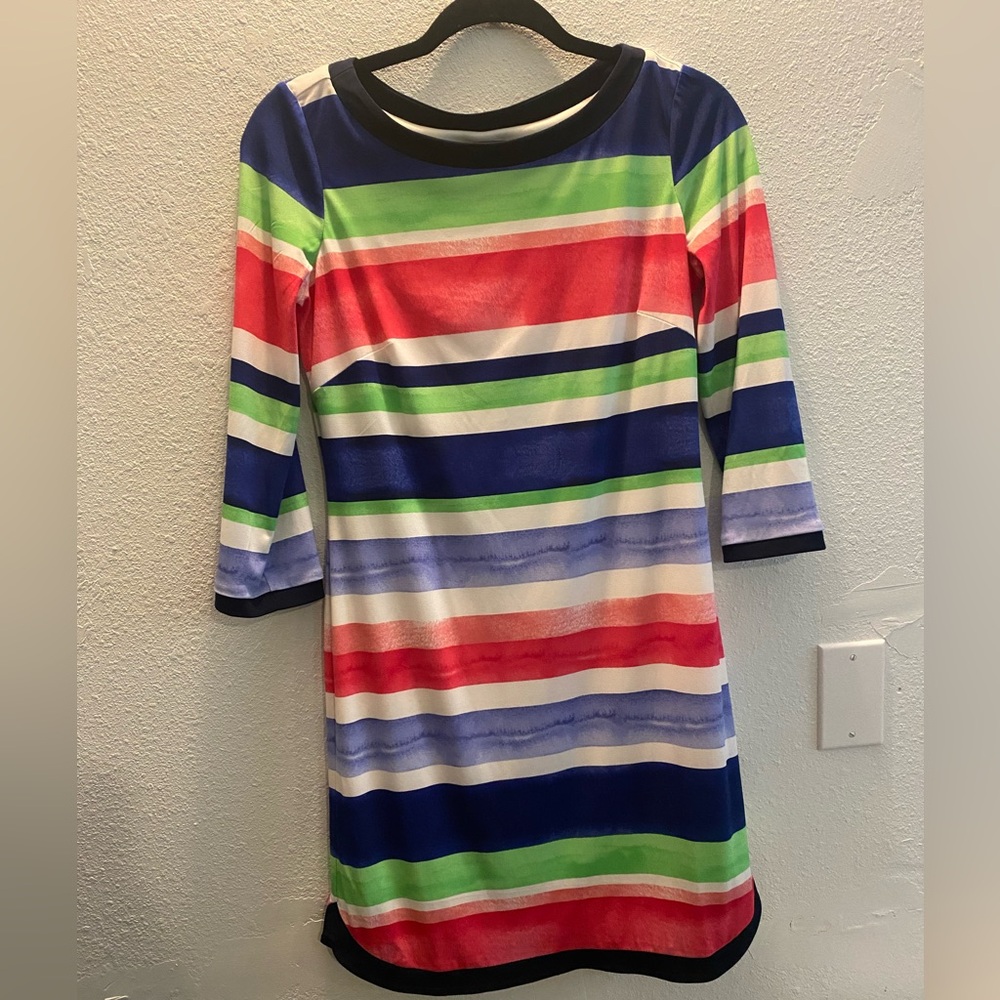 Vince Camuto Women's Size 2 Striped Multicolor Dress 3/4 Sleeves Boho Retro Y2K‎